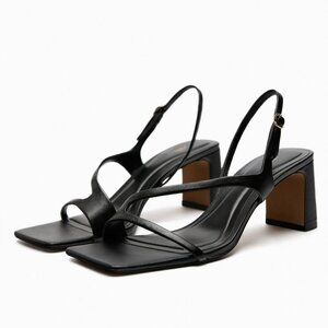 ZARA LEATHER SANDALS WITH BLOCK HEEL Black SIZE 6 23.4 Cm| 1335/110/800